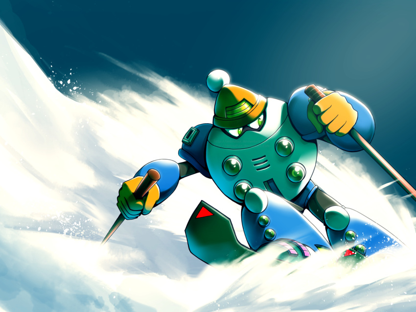 1boy, blizzard_man, day, english_commentary, full_body, green_eyes, hat, holding_ski_pole