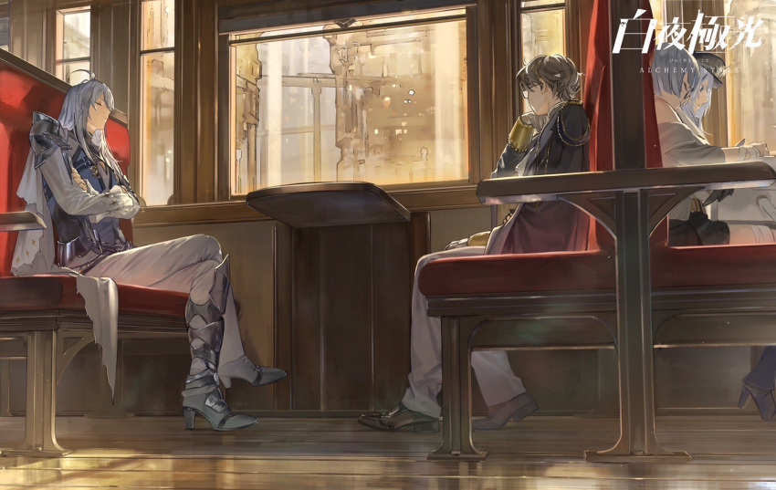 2boys, 2girls, ahoge, alchemy_stars, armor, armored_boots, axelia_(alchemy_stars), bandaged_arm, bandages, black_headwear, black_jacket, blue_hair, blue_vest, boots, brown_footwear, cape, closed_eyes, closed_mouth, copyright_name, crossed_arms, crossed_legs, glasses, gloves, grey_hair, hat, hataya, head_rest, high_heels, highres, jacket, leo_(alchemy_stars), loafers, long_hair, long_sleeves, multiple_boys, multiple_girls, nepal, official_art, pants, peaked_cap, shirt, shoes, short_hair, shoulder_armor, sitting, sleeping, train_interior, vest, white_gloves, white_pants, white_shirt, window, yingel_(alchemy_stars), zhao_(alchemy_stars)