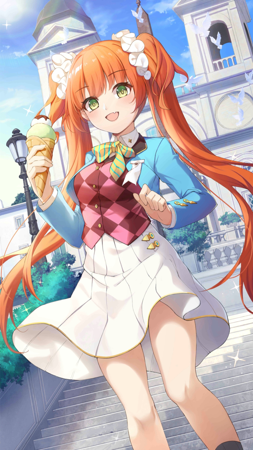 1girl, :d, ankle_socks, argyle_vest, bird, black_socks, blue_jacket, blue_sky