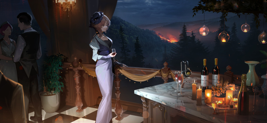 1boy, 2girls, absurdres, balcony, bell, blue_headwear, bottle, brown_hair