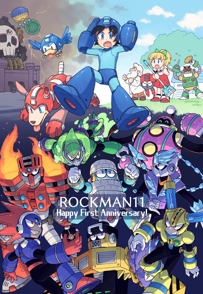 1girl, acid_man, auto_(mega_man), beard, beat_(mega_man), blast_man, block_man, blonde_hair