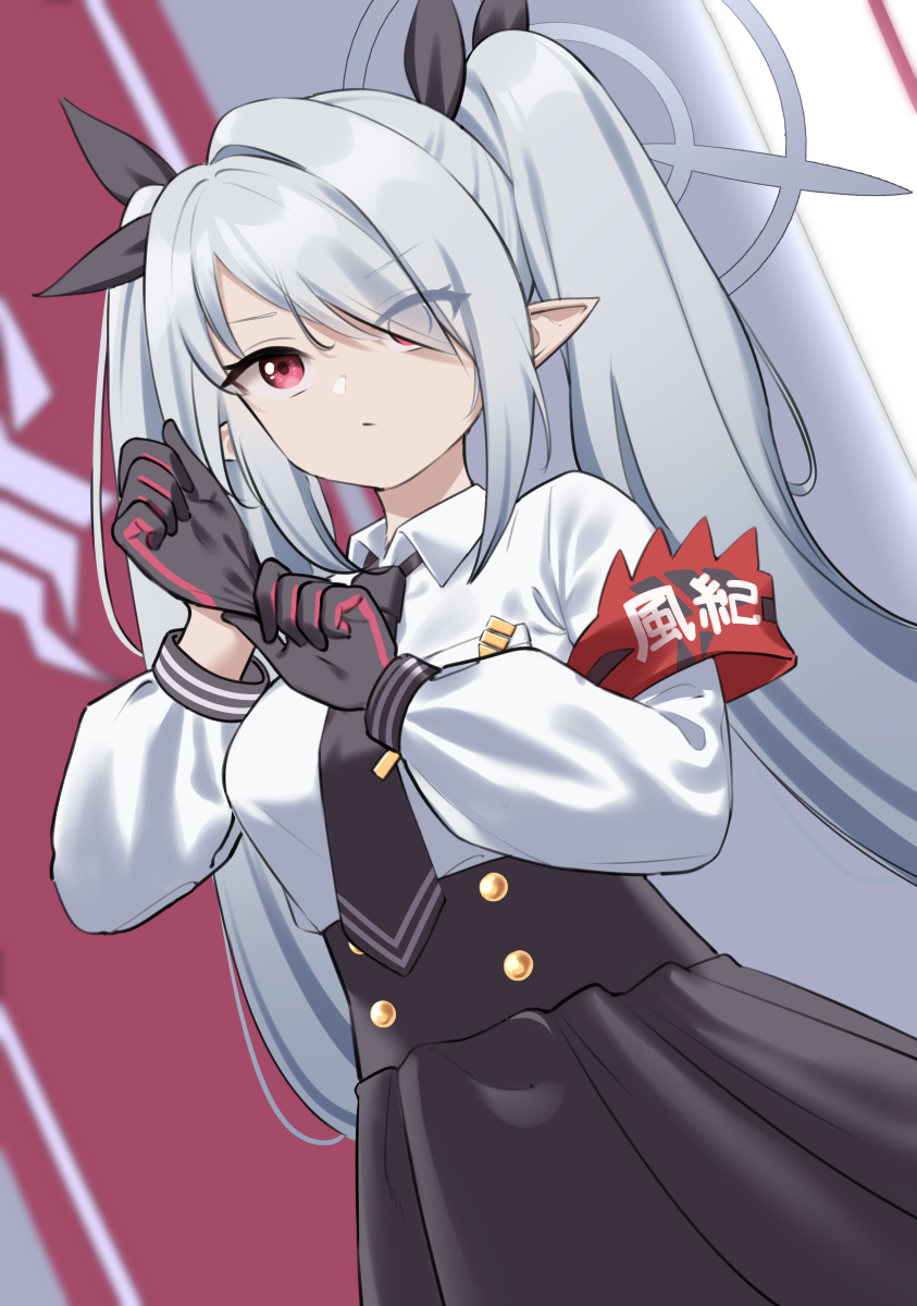 1girl, adjusting_clothes, adjusting_gloves, banner, black_gloves, black_necktie, black_skirt, blue_archive, blurry, collared_shirt, commentary, depth_of_field, eyes_visible_through_hair, gloves, grey_hair, hair_ribbon, halo, high-waist_skirt, highres, ine_(ineinnen), iori_(blue_archive), long_hair, long_sleeves, looking_away, necktie, parted_bangs, pleated_skirt, pointy_ears, red_armband, red_eyes, ribbon, school_uniform, shirt, sidelocks, skirt, solo, twintails, two-tone_gloves, white_shirt
