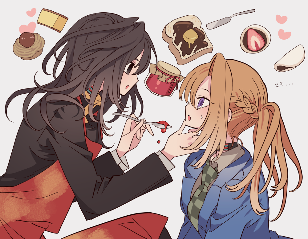 1boy, 1girl, apron, black_eyes, black_hair, black_shirt, blazer, blue_jacket