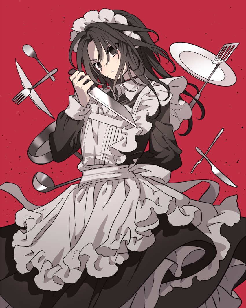 1boy, alternate_costume, apron, arm_behind_back, black_dress, black_eyes, black_hair, commentary, crossdressing, dress, empty_eyes, enmaided, fork, frilled_dress, frills, head_tilt, highres, holding, holding_knife, kimi_ga_shine, kitchen_knife, knife, ladle, layered_dress, light_frown, long_hair, long_sleeves, looking_at_viewer, maid, maid_headdress, male_focus, meremero, plate, red_background, satou_kai, simple_background, solo, spatula, spoon, white_apron