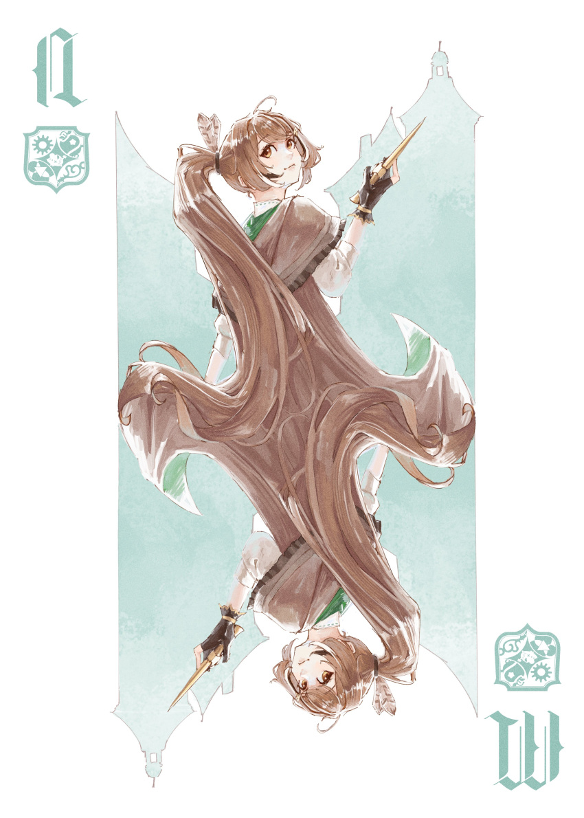 1girl, absurdres, ahoge, black_gloves, brown_capelet, brown_cloak, brown_eyes, brown_hair