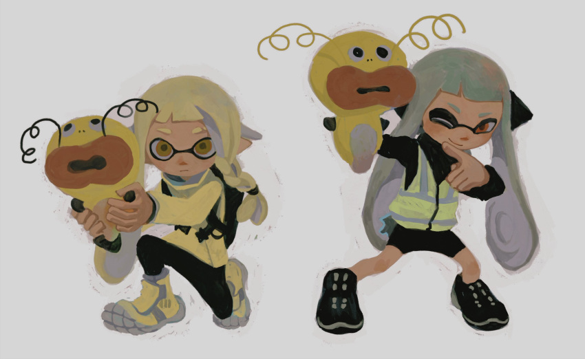 2girls, agent_3_(splatoon), agent_3_(splatoon_3), black_footwear, black_shorts, braid, closed_mouth, dr_mice