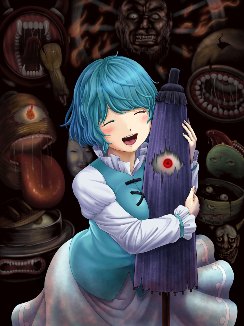 1girl, :d, blue_hair, blue_skirt, blue_vest, closed_eyes, commentary_request, demon_parade