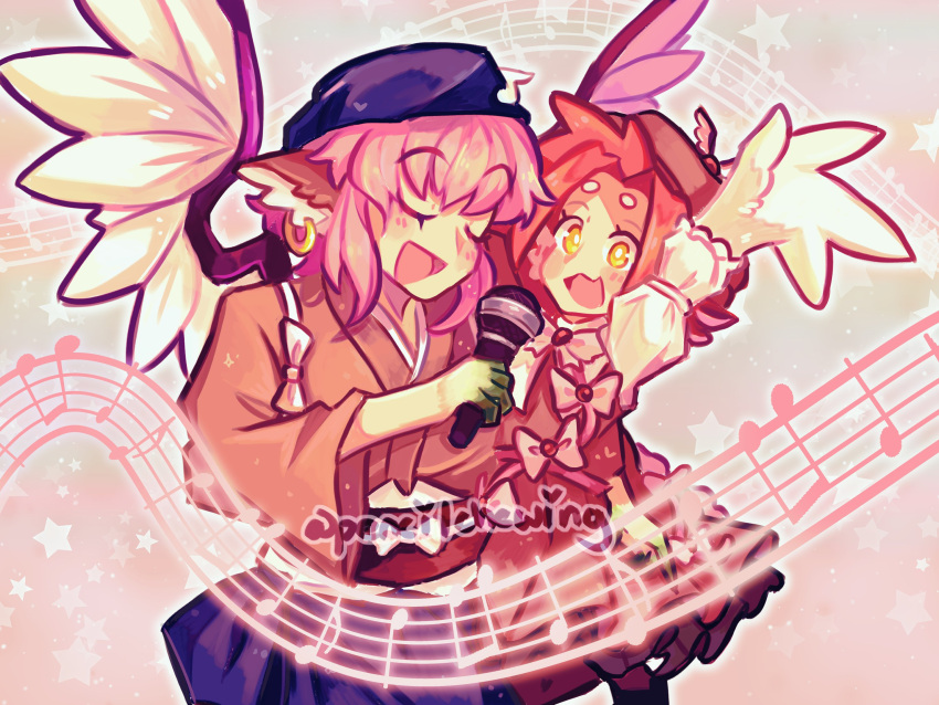 100_percent_orange_juice, 2girls, animal_ears, bird_ears, bird_wings, blush, brown_dress, brown_kimono