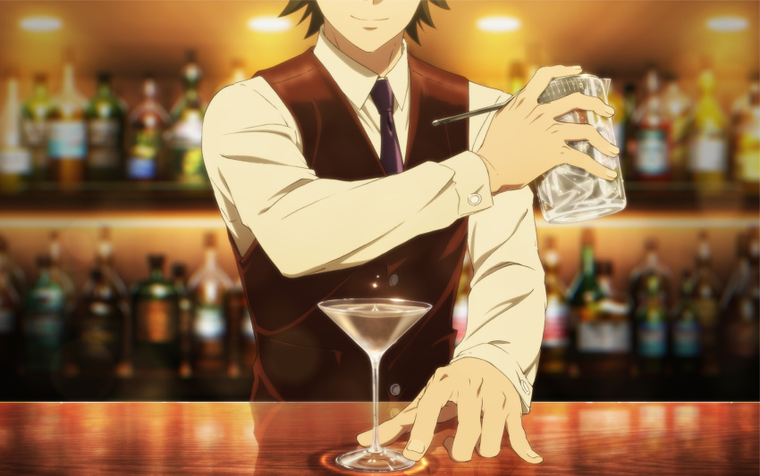 1boy, bar_(place), bar_stool, bartender, bartender_(series), black_hair, blurry, blurry_background, bottle, cocktail_glass, cup, drinking_glass, facing_viewer, head_out_of_frame, highres, key_visual, long_sleeves, necktie, official_art, promotional_art, sasakura_ryuu, shirt, smile, solo, stool, vest, white_shirt