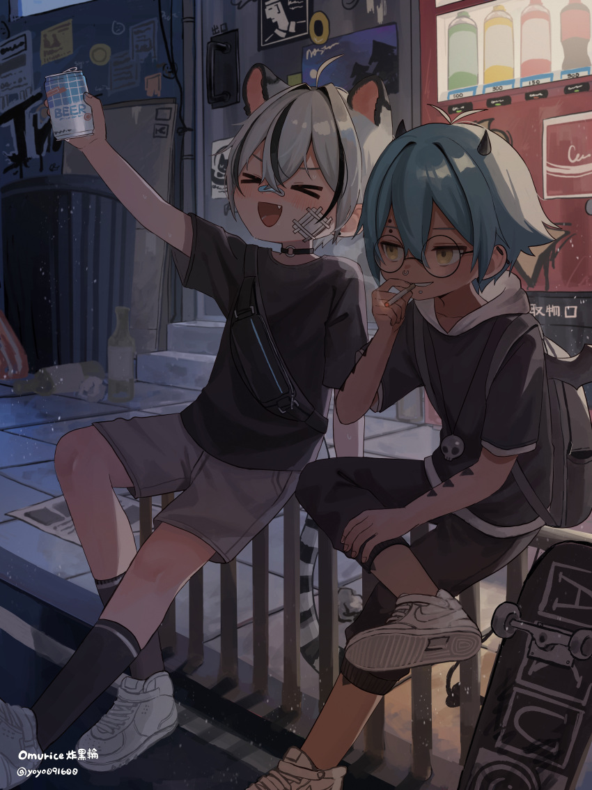 2boys, absurdres, animal_ears, backpack, bag, bandaid, bandaid_on_cheek, bandaid_on_face, bandaid_on_nose, beer_can, black_hair, black_shirt, blue_hair, can, child, chin_piercing, cigarette, copyright_request, demon_boy, demon_horns, grateful_shell_collector, highres, holding, holding_cigarette, hood, hood_down, hoodie, horns, leopard_boy, leopard_ears, leopard_tail, male_child, multiple_boys, night, nose_piercing, omurice_(roza4957), open_mouth, outdoors, pants, piercing, shirt, short_sleeves, shorts, sitting, skateboard, smile, smoking, tail, vending_machine, white_hair