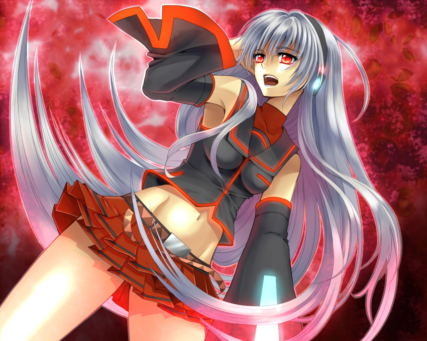 long_hair, nanami_kazusa, nanamix, navel, open_mouth, red_eyes, silver_hair, skirt