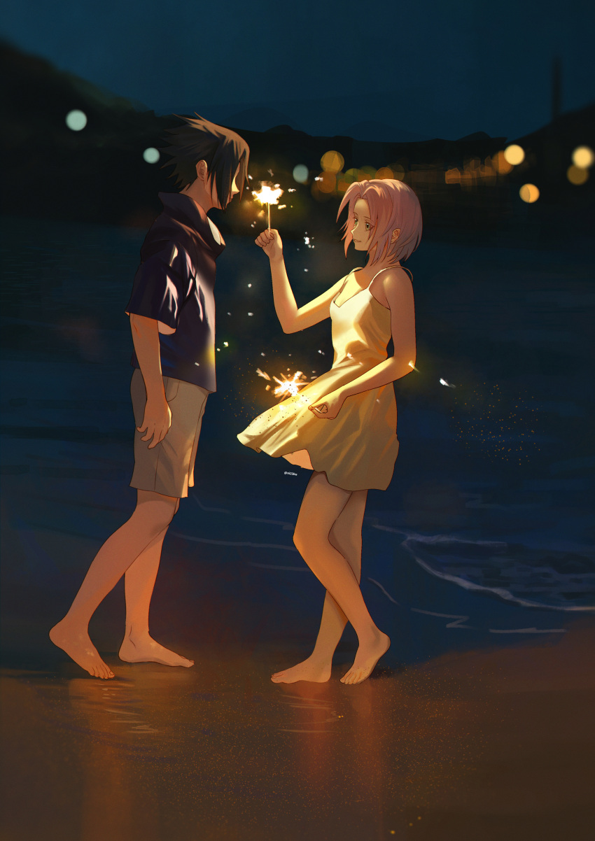 1boy, 1girl, absurdres, barefoot, black_hair, blurry, bokeh, chinese_commentary