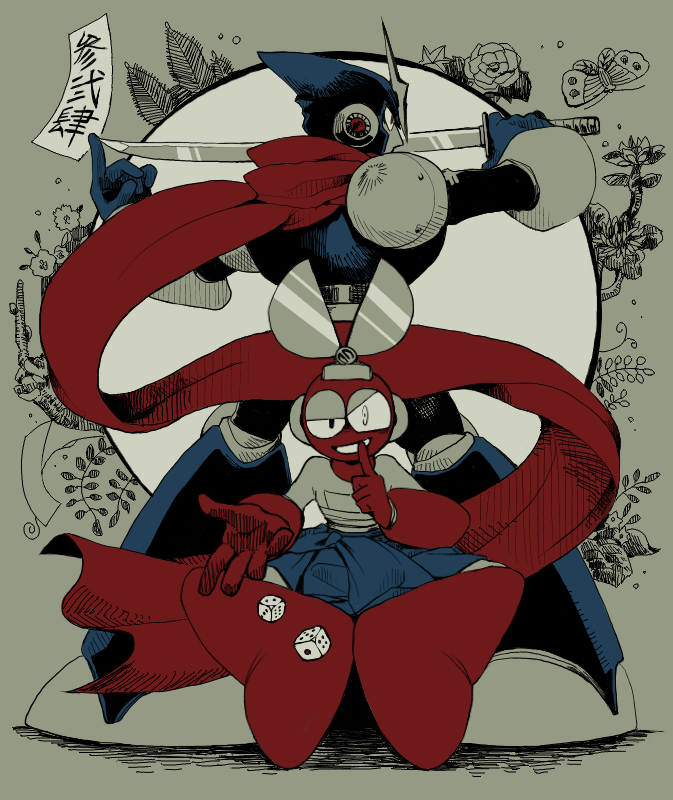 2boys, alternate_costume, blue_footwear, bug, butterfly, clenched_teeth, commentary_request, cut_man