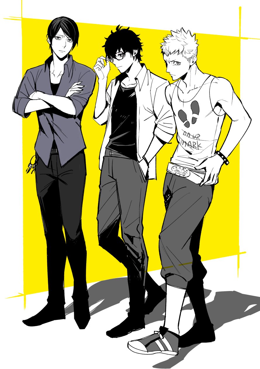 3boys, amamiya_ren, closed_mouth, clothes_writing, crossed_arms, cup, full_body, greyscale