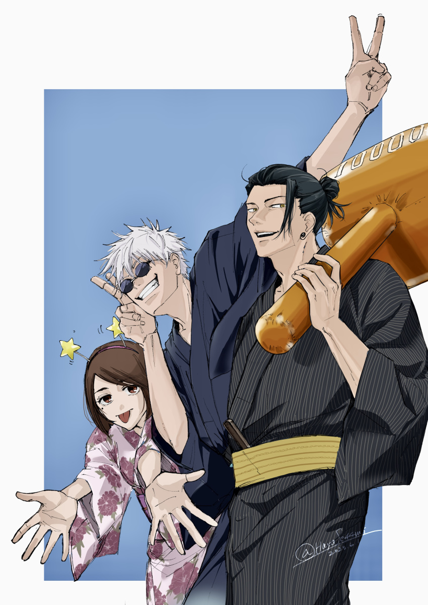 1girl, 2boys, :p, absurdres, arm_up, black_hair, black_kimono, blue_background, blue_kimono, brown_eyes, brown_hair, cowboy_shot, double_v, ear_piercing, floral_print, getou_suguru, gojou_satoru, grin, hair_bun, hammer, hayapi_(hayase44), highres, holding, holding_hammer, ieiri_shoko, inflatable_toy, japanese_clothes, jujutsu_kaisen, kimono, mole, mole_under_eye, multiple_boys, open_hands, open_mouth, piercing, pink_kimono, round_eyewear, short_hair, smile, standing, sunglasses, teeth, tongue, tongue_out, v, white_hair, wide_sleeves, yukata