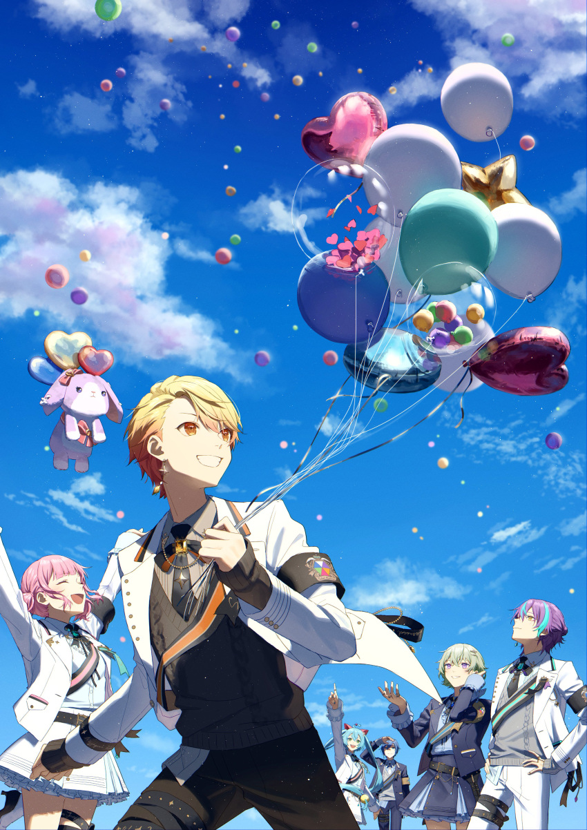 3boys, 3girls, :d, absurdres, arms_up, balloon, belt, black_armband, black_belt, black_necktie, black_pants, blazer, blonde_hair, blue_eyes, blue_hair, blue_jacket, blue_sky, closed_eyes, clouds, collared_shirt, commentary_request, cowboy_shot, earrings, from_below, gradient_hair, green_eyes, green_hair, grey_shirt, grey_sweater_vest, grin, hair_between_eyes, hair_bun, hair_ornament, hair_ribbon, hairclip, hands_on_own_hips, hatsune_miku, highres, jacket, jewelry, kaito, kaito_(vocaloid), kamishiro_rui, kusanagi_nene, long_bangs, long_sleeves, multicolored_hair, multiple_boys, multiple_girls, necktie, ootori_emu, open_clothes, open_hands, open_jacket, open_mouth, orange_eyes, orange_hair, pants, petticoat, pink_hair, pointing, pointing_up, project_sekai, purple_hair, q_89umi, red_ribbon, ribbon, running, sash, shirt, short_hair, sidelocks, single_earring, skirt, sky, smile, streaked_hair, sweater_vest, swept_bangs, tenma_tsukasa, thigh_strap, vocaloid, white_jacket, white_shirt, white_skirt, wonderlands_x_showtime_(project_sekai), wonderlands_x_showtime_kaito, wonderlands_x_showtime_miku
