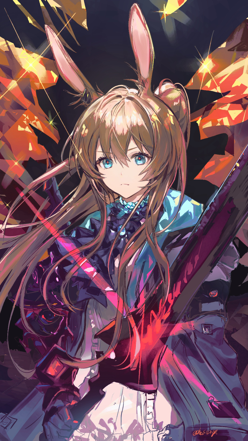 1girl, absurdres, amiya_(arknights), animal_ears, arknights, black_gloves, blue_eyes, blue_jabot, blue_jacket, brown_hair, center_frills, frilled_shirt, frills, glint, gloves, glowing, glowing_sword, glowing_weapon, hair_between_eyes, high_ponytail, highres, holding, holding_sword, holding_weapon, hood, hood_down, hooded_jacket, horse_ears, horse_girl, jabot, jacket, light_frown, long_hair, long_sleeves, looking_at_viewer, open_clothes, open_jacket, revision, serious, shirt, sidelocks, signature, single_vambrace, solo, straight-on, sword, twice12314, upper_body, vambraces, weapon, white_shirt