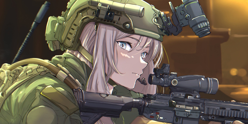 1girl, absurdres, assault_rifle, combat_helmet, commentary, expressionless, flashlight, from_side