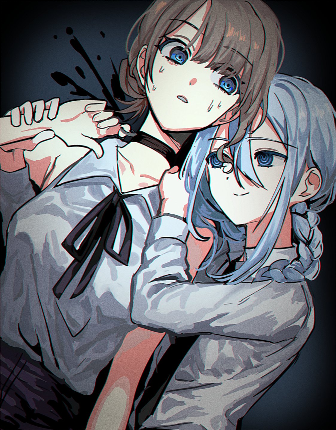 1027x0210, 2girls, black_choker, black_ribbon, braid, braided_ponytail, brown_hair, chainsaw_man
