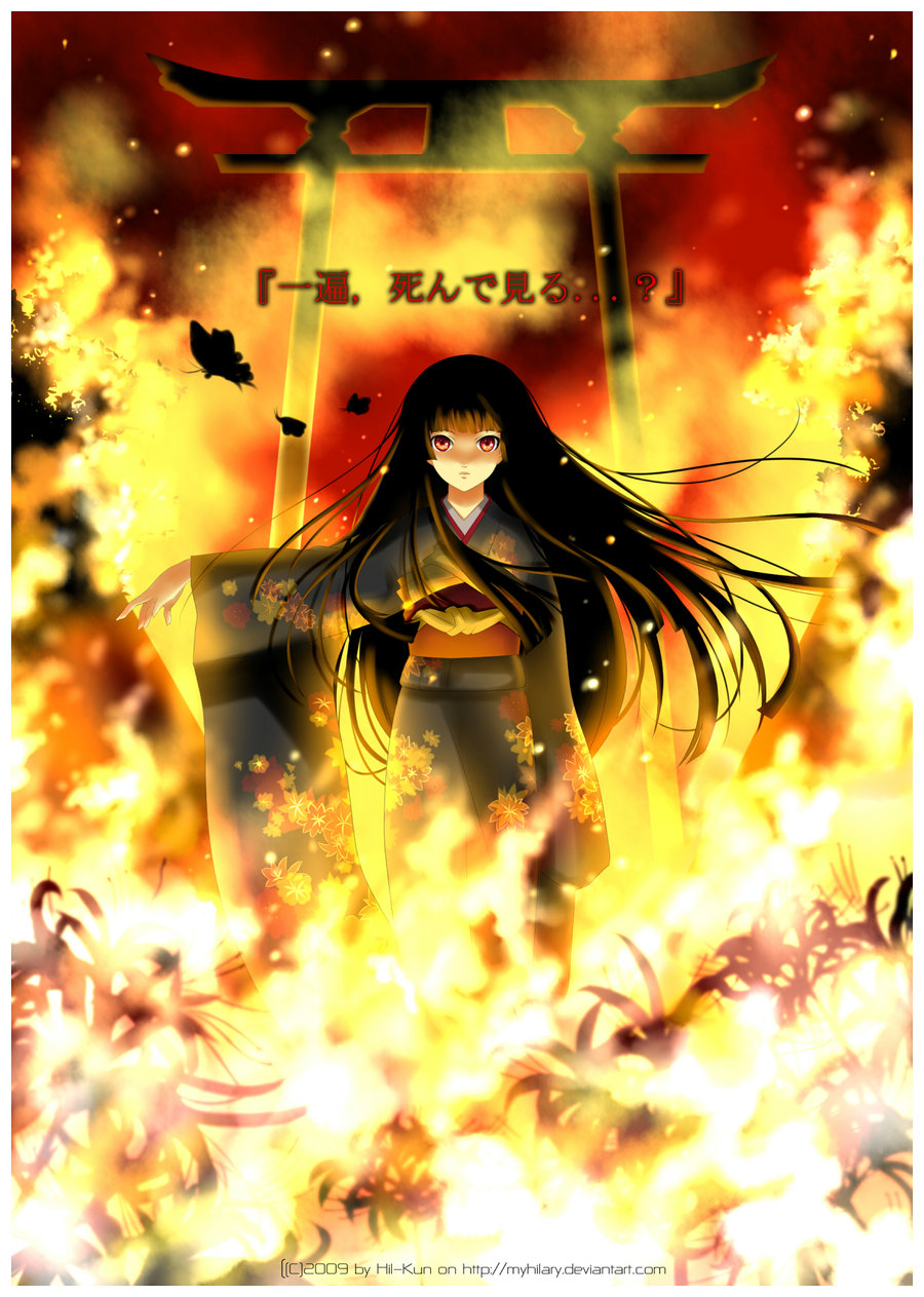 butterfly, enma_ai, fire, floral_print, flower, higanbana, highres, japanese_clothes