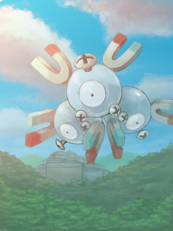 blue_sky, building, clouds, creature, floating, forest, hill, kid-ippo, magnet, magneton, nature, no_humans, outdoors, pokemon, pokemon_(creature), screw, sky, sunlight