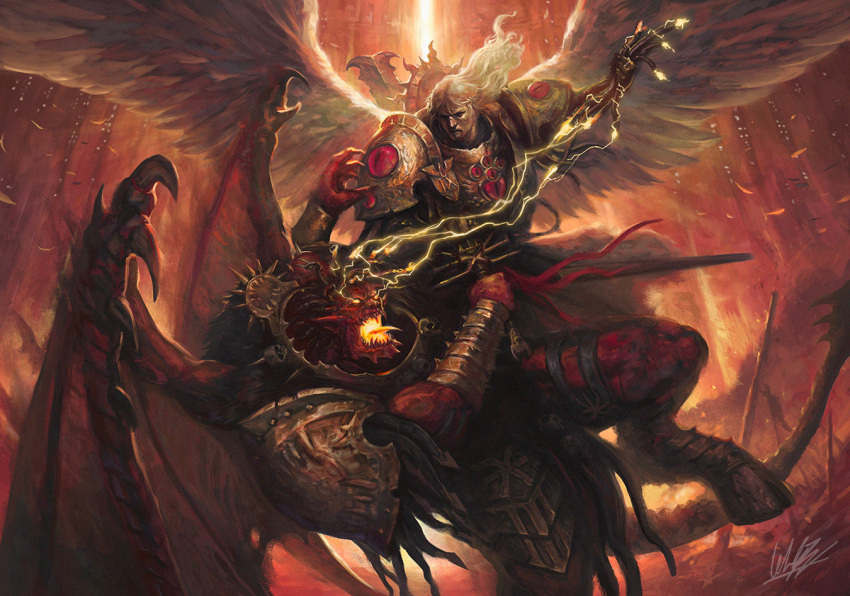 2boys, angel_wings, angron, armlet, armor, battle, blonde_hair, chaos_(warhammer)