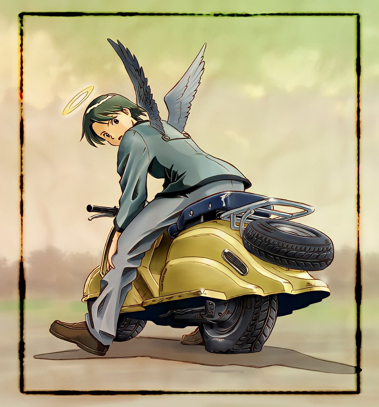 1girl, aaru_sentou_shuudan, angel, flat_tire, haibane_renmei, kana, kana_(haibane_renmei), suit