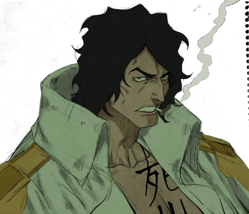 1boy, aramaki_(ryokugyu), bake_ryori, black_hair, chest_tattoo, cigarette, coat, coat_on_shoulders