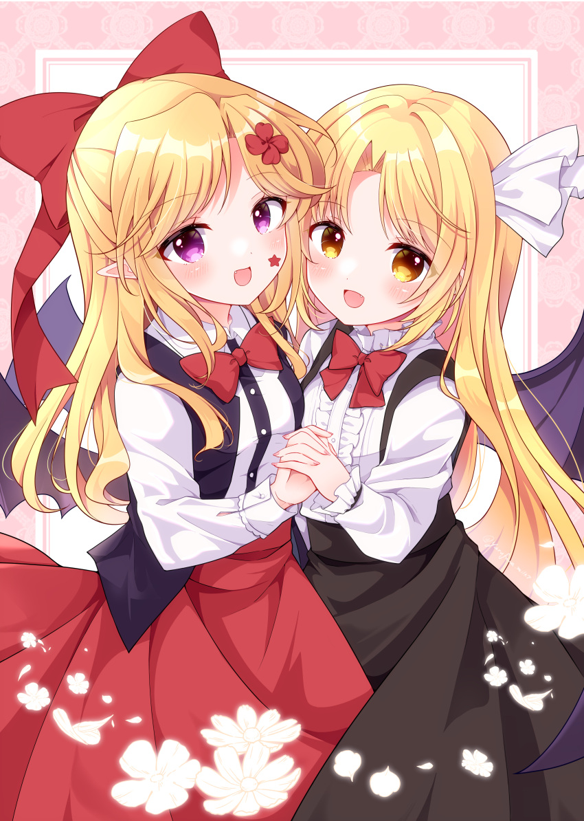 2girls, :d, absurdres, bat_wings, black_skirt, black_vest, blonde_hair, bow