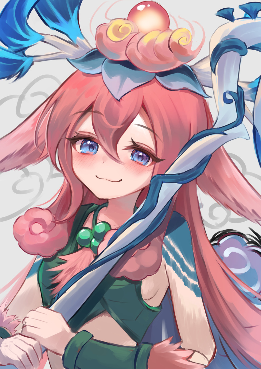 1girl, absurdres, animal_ears, antlers, bare_shoulders, bead_necklace, beads, blue_eyes