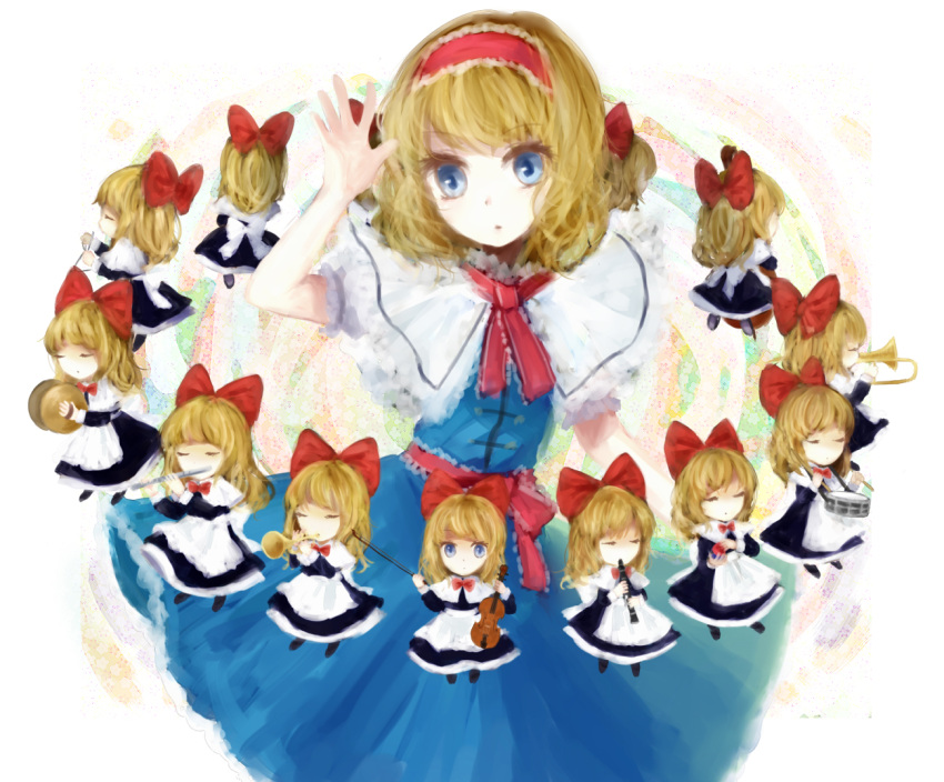 blonde_hair, blue_eyes, capelet, cymbals, doll, hairband, instrument, manukedori
