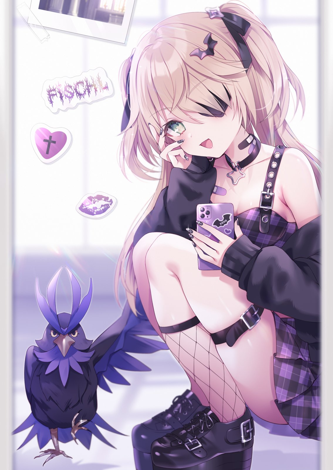 1girl, bare_shoulders, bird, black_footwear, black_ribbon, blonde_hair, blush, boots