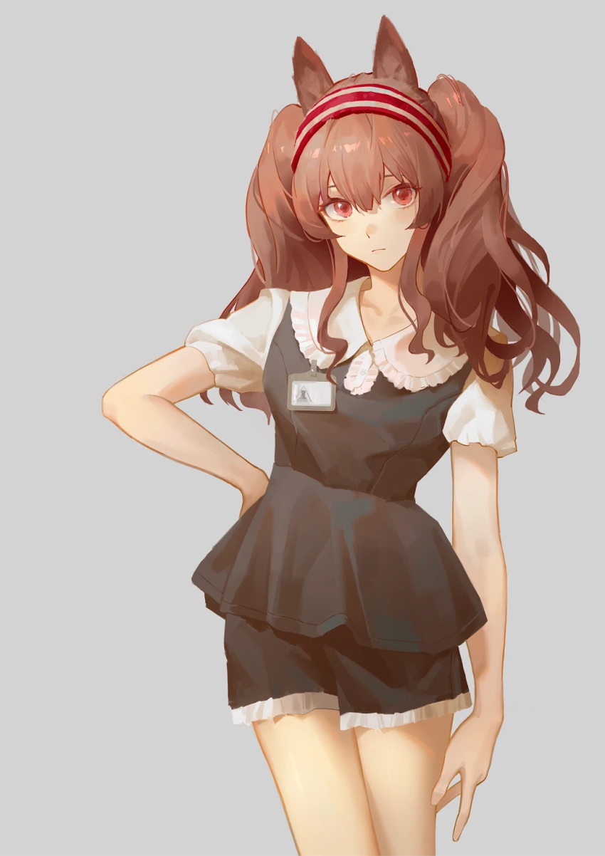 1girl, alternate_costume, angelina_(arknights), animal_ears, arknights, black_dress, black_shorts, closed_mouth, commentary_request, cowboy_shot, dress, fox_ears, fox_girl, grey_background, hairband, hand_on_own_hip, highres, hokago-tt, id_card, long_hair, looking_at_viewer, red_eyes, red_hairband, rhodes_island_logo, shirt, short_sleeves, shorts, simple_background, solo, striped, striped_hairband, twintails, white_shirt