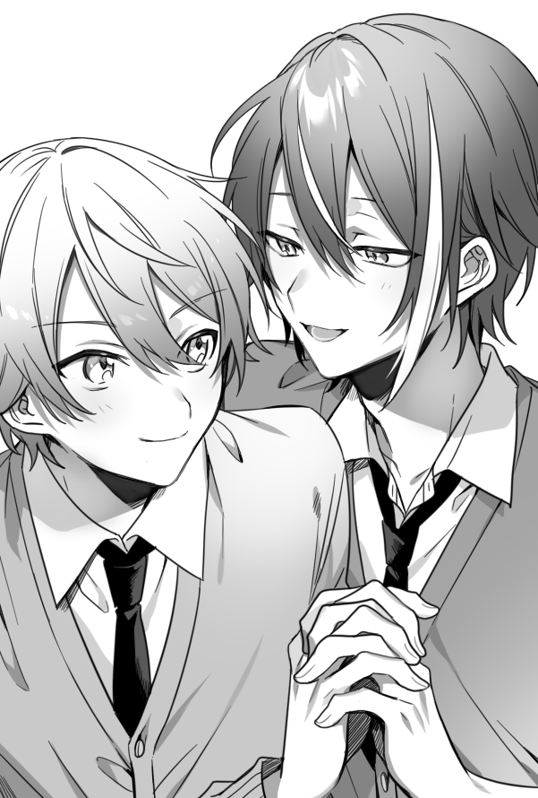 2boys, :d, buttons, cardigan, chanms, closed_mouth, collared_shirt, commentary_request