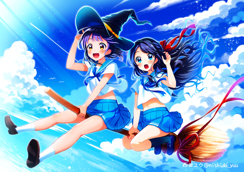 2girls, black_hair, blue_eyes, blue_sky, blush, broom, broom_ribbon, broom_riding