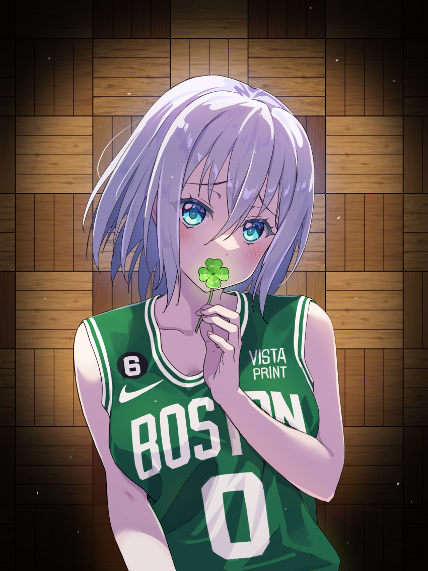 1girl, bang_dream!, basketball_jersey, basketball_uniform, blush, boston_celtics, clover, green_shirt, highres, kurata_mashiro, looking_at_viewer, national_basketball_association, nike, shamrock, shirt, solo, sportswear, yazawa_happyaro