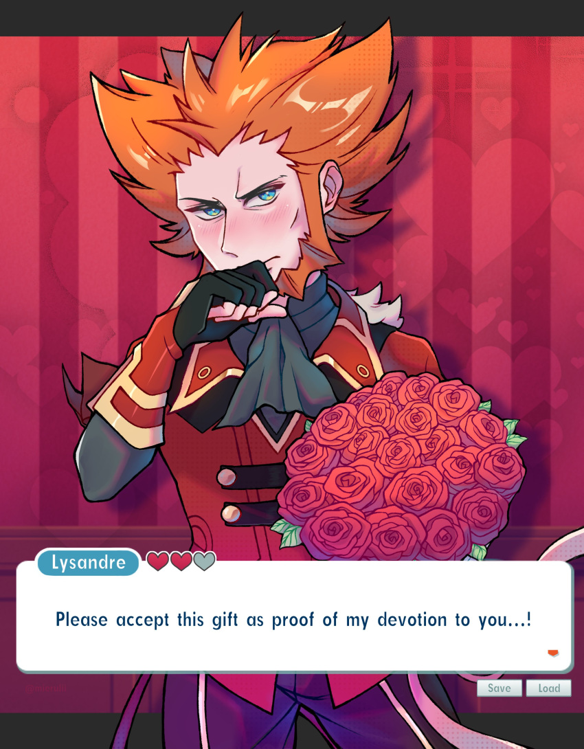 1boy, absurdres, beard, blue_eyes, bouquet, character_name, facial_hair, fake_screenshot