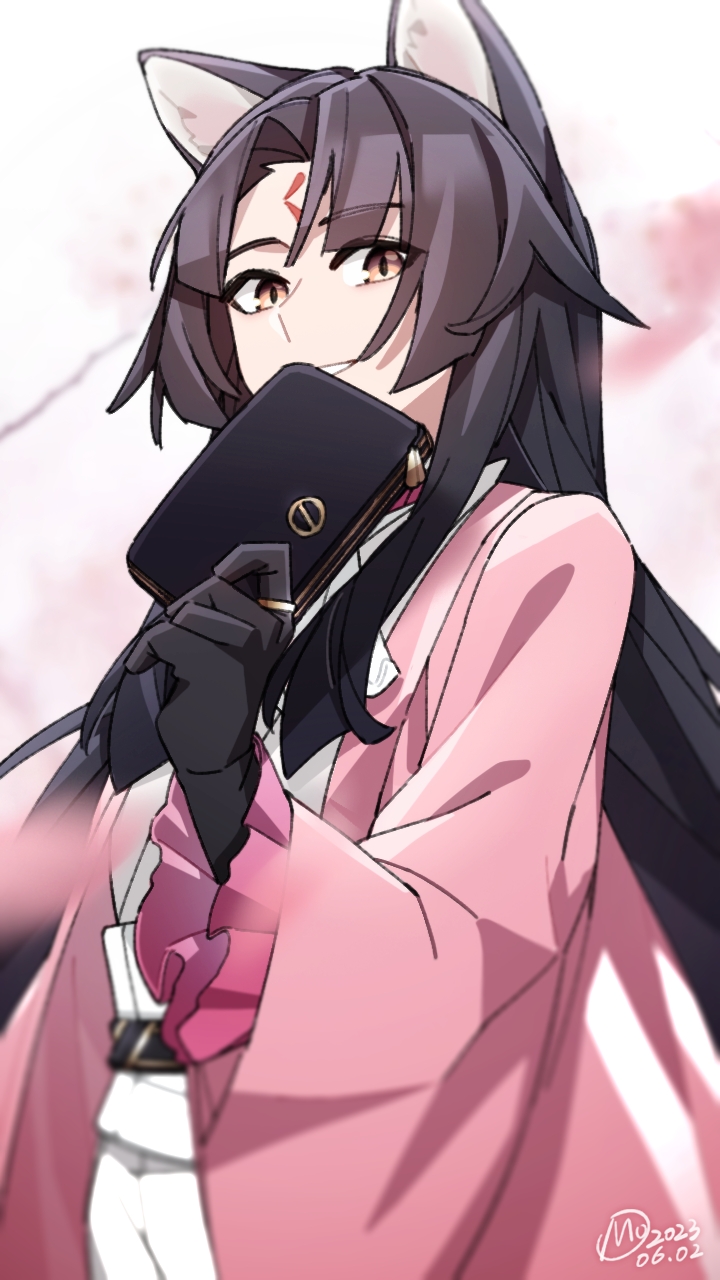 1girl, animal_ears, arknights, black_gloves, black_hair, covering_mouth, dog_ears, dog_girl