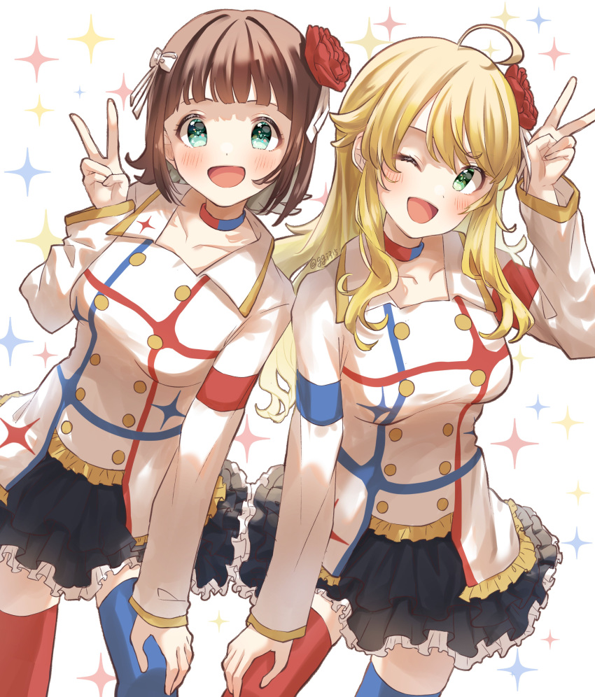 2girls, :d, ;d, absurdres, ahoge, amami_haruka, arm_up, asymmetrical_legwear