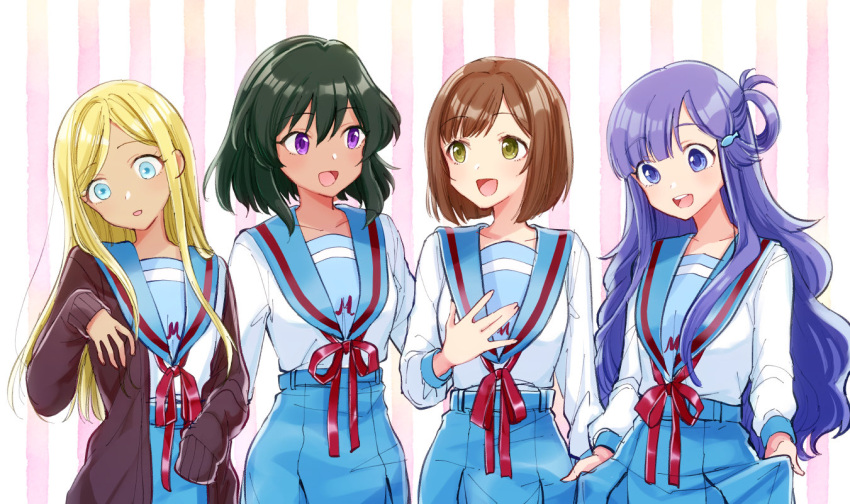 4girls, :d, aqua_eyes, asari_nanami, bintaptyo, blonde_hair, blue_eyes, blue_hair