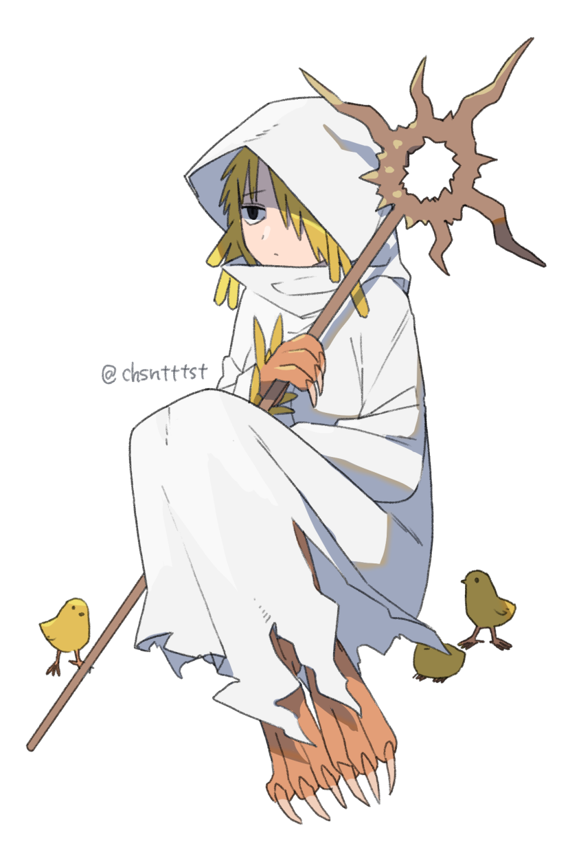 1girl, :/, animal, animal_feet, animal_hands, artist_name, bird, black_eyes