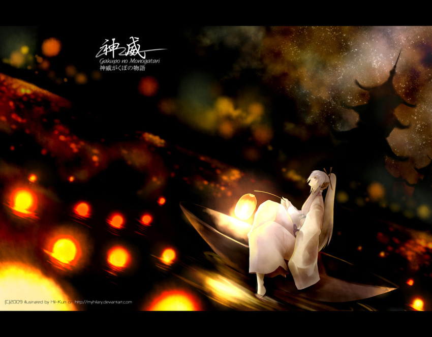 dutch_angle, glowing, japanese_clothes, kamui_gakupo, kimono, lantern, long_hair, looking_up