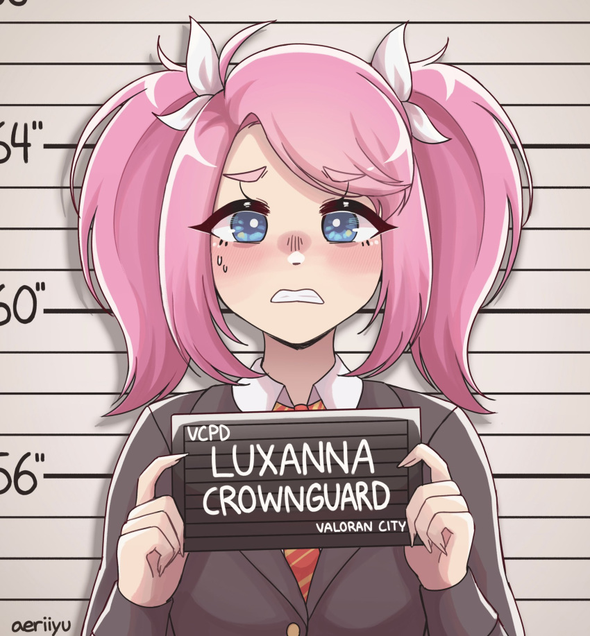 1girl, aeriiyu, barbie_(live_action), black_jacket, blue_eyes, blush, character_name, collared_shirt