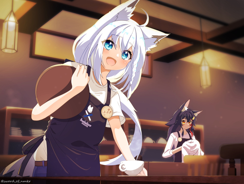 2girls, absurdres, ahoge, animal_ear_fluff, animal_ears, apron, black_apron, black_hair