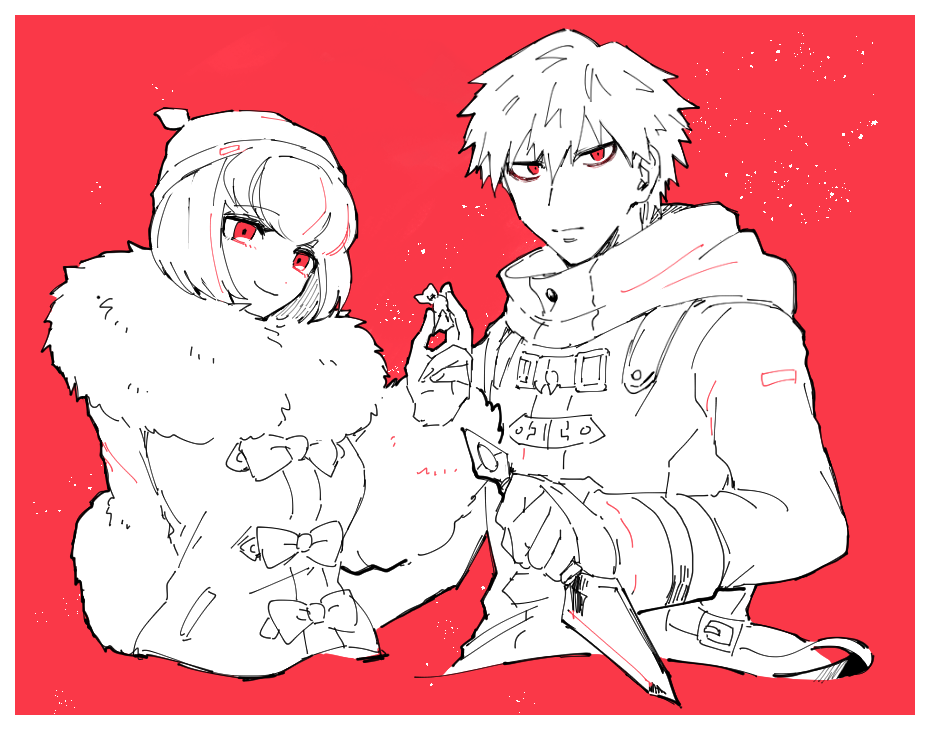 1boy, 1girl, ando_ruruka, bon_bon, bow, candy, closed_mouth, cropped_torso, danganronpa_(series), danganronpa_3_(anime), food, fur-trimmed_jacket, fur_collar, fur_trim, holding, holding_candy, holding_food, holding_weapon, izayoi_sounosuke, jacket, kunai, looking_at_viewer, red_background, red_eyes, red_theme, scarf, shimada_(dmisx), short_hair, simple_background, smile, weapon