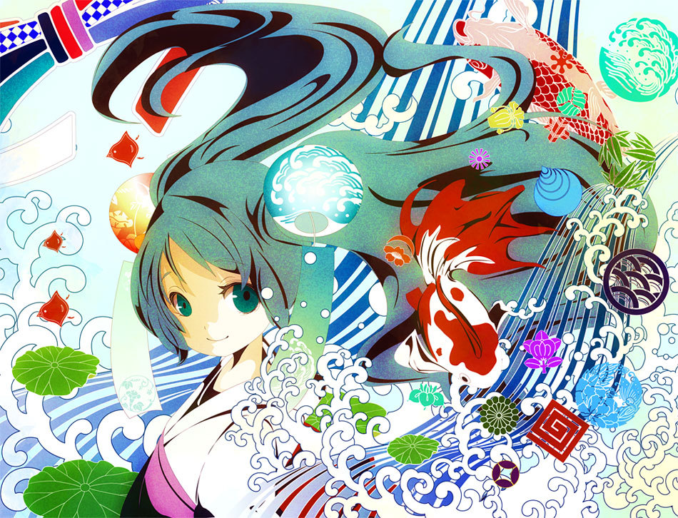 bad_id, fish, floating_hair, green_eyes, green_hair, hatsune_miku, japanese_clothes, kikumon
