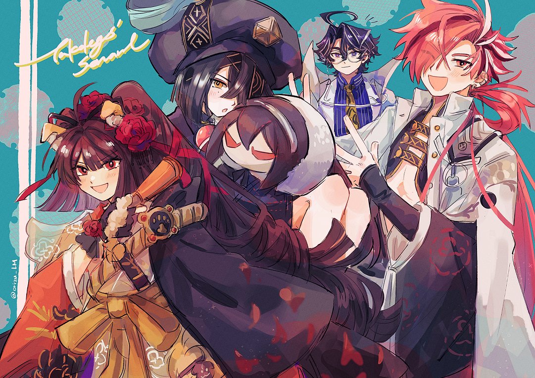 2boys, 2girls, ahoge, animal_ears, black_hair, brown_eyes, brown_hair, creator_connection