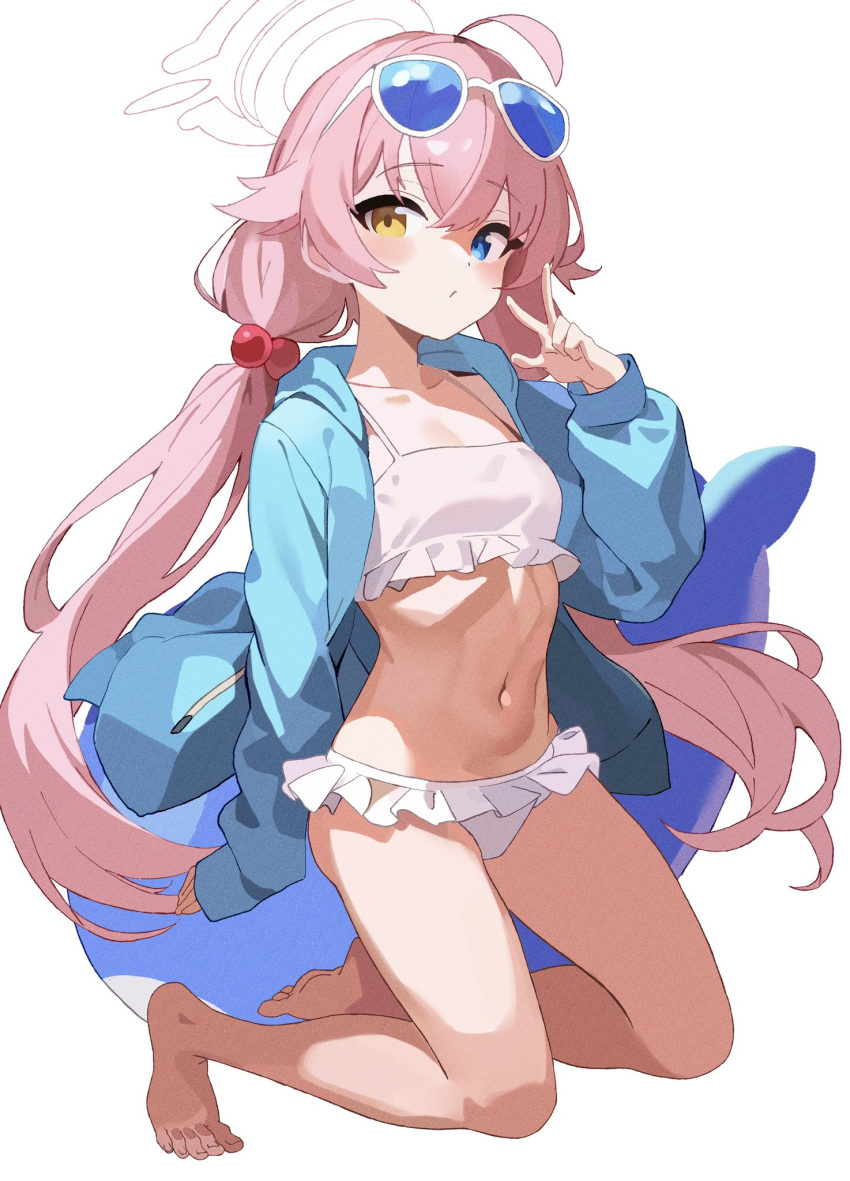 1girl, ahoge, barefoot, bikini, blue-tinted_eyewear, blue_archive, blue_jacket, chikoku