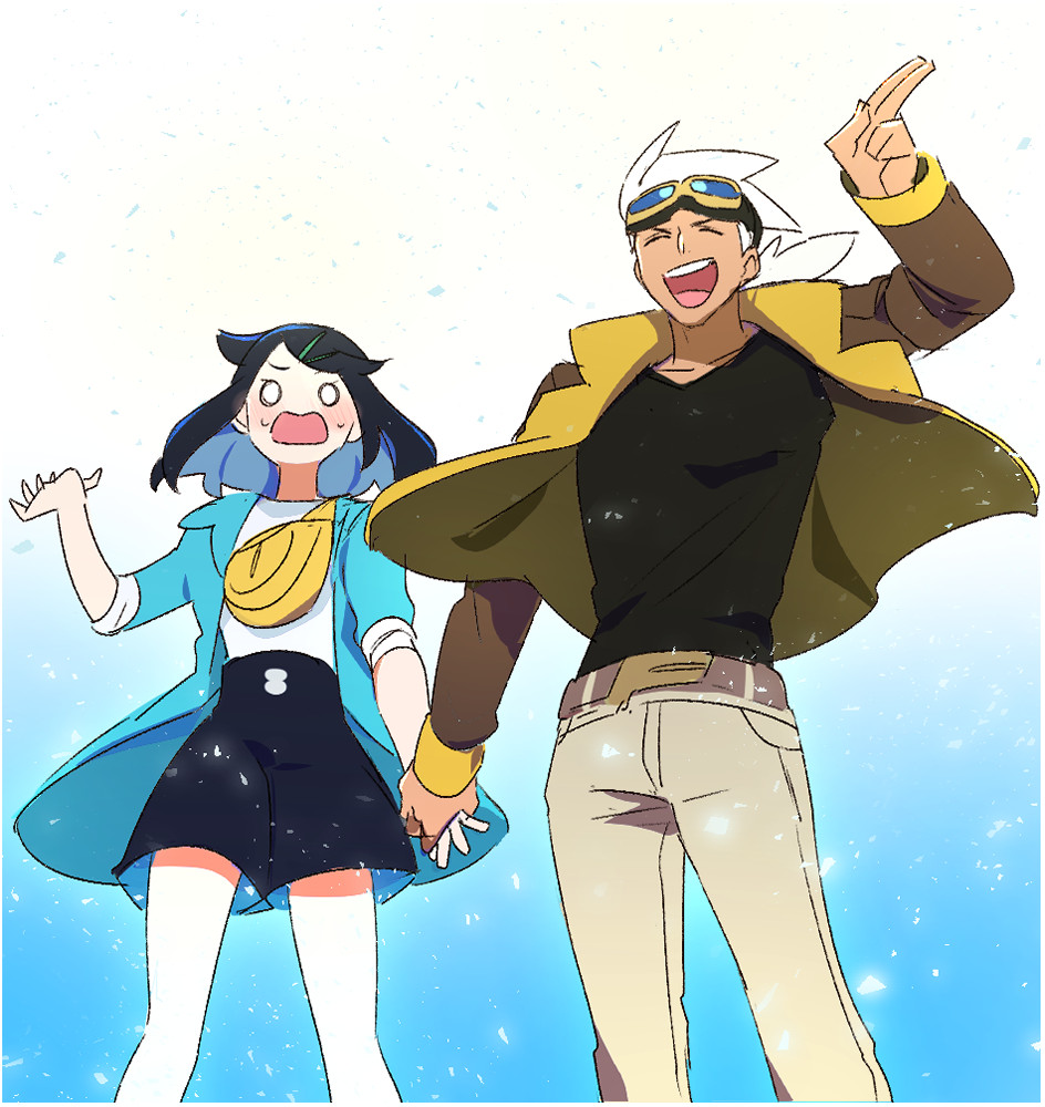 1boy, 1girl, :d, belt, belt_buckle, black_shirt, black_shorts, blush