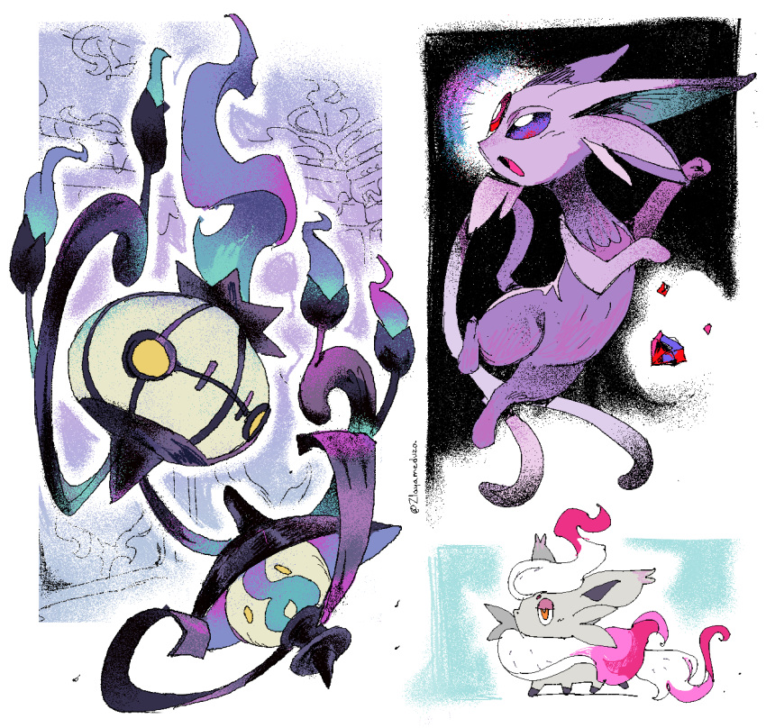 artist_name, chandelure, commentary, espeon, highres, hisuian_zorua, lampent, no_humans, open_mouth, pokemon, pokemon_(creature), twitter_username, white_background, zlayameduza